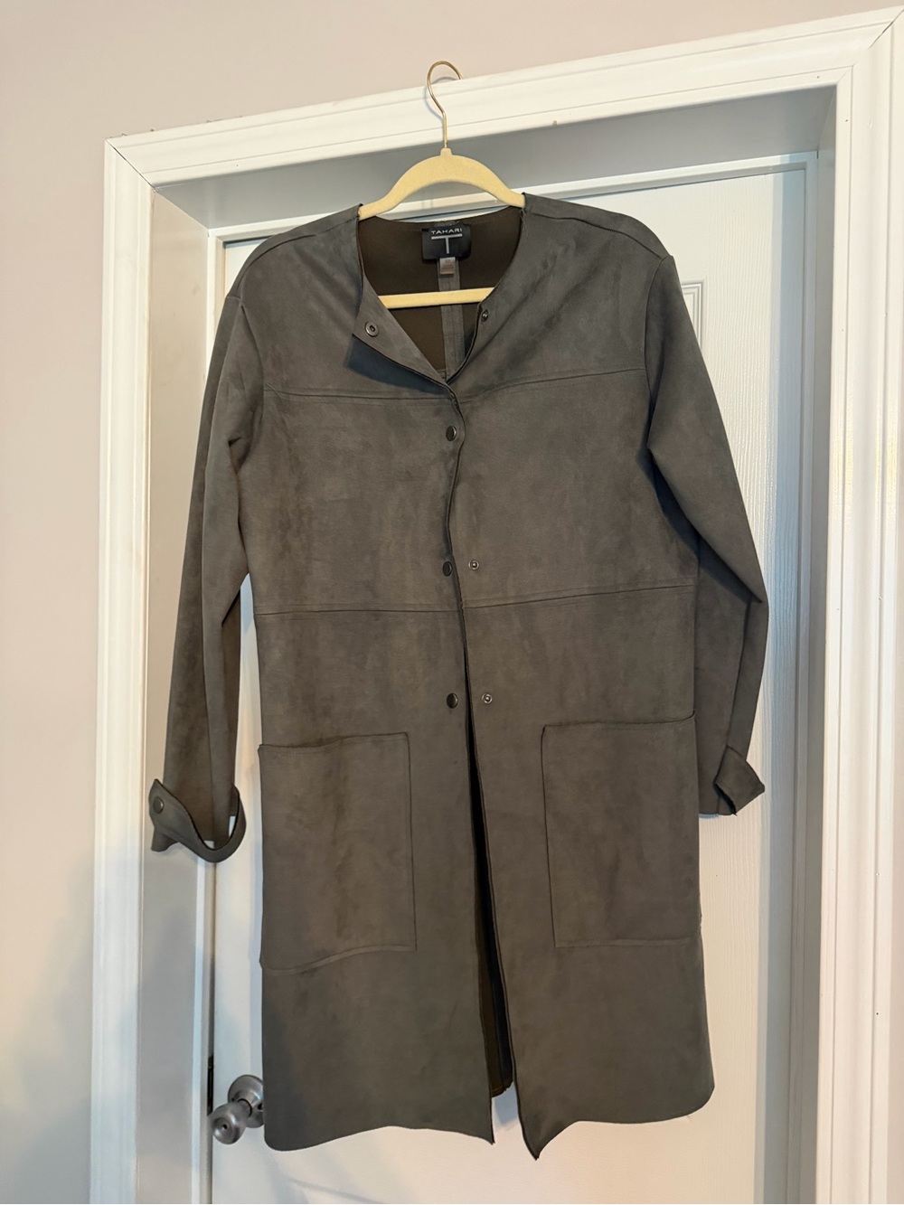 Tahari Gray Collarless Long Trench Coat